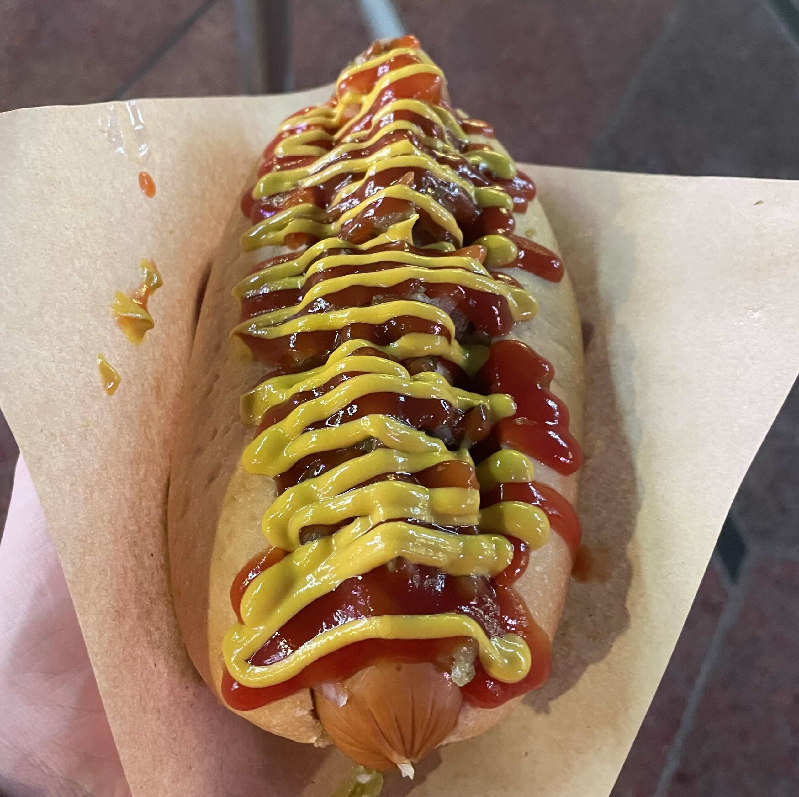 Ketchup on a Chicago hot dog.